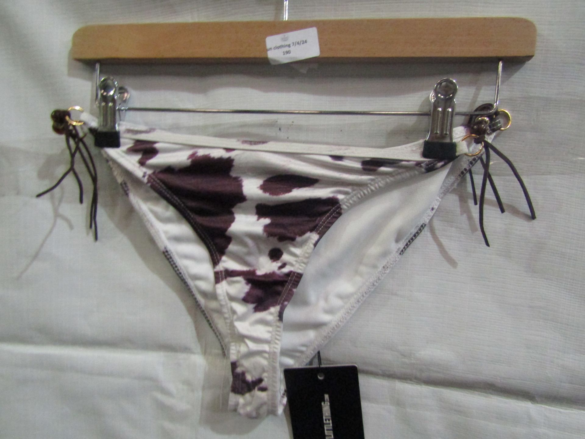 2x Pretty Little Thing Brown Cow Print Beaded Tie Bikini Bottoms - Size 4, New & Packaged.