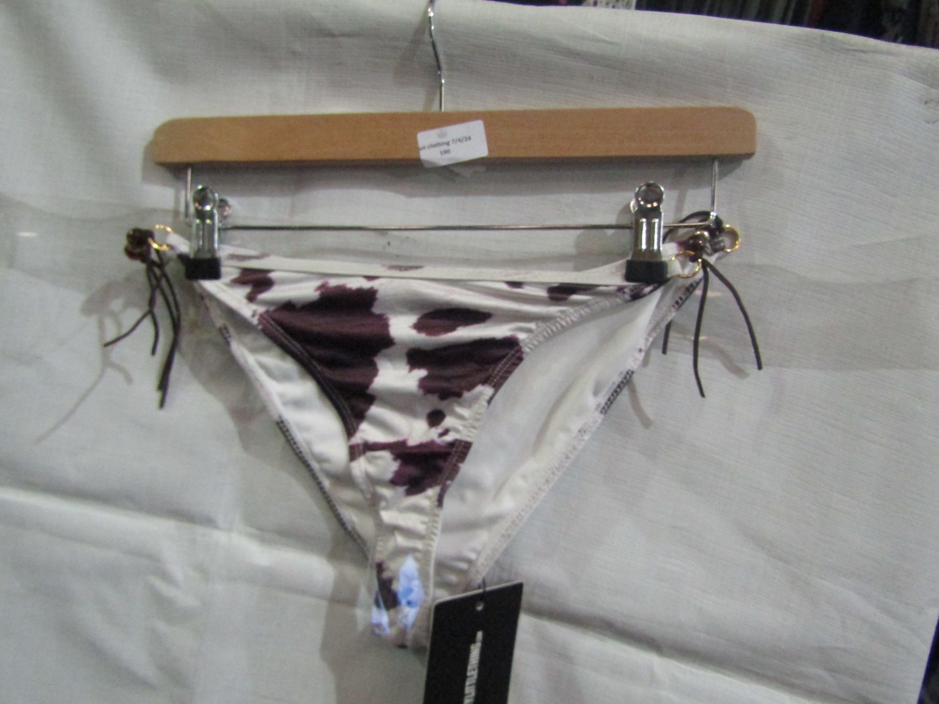 2x Pretty Little Thing Brown Cow Print Beaded Tie Bikini Bottoms - Size 6, New & Packaged.