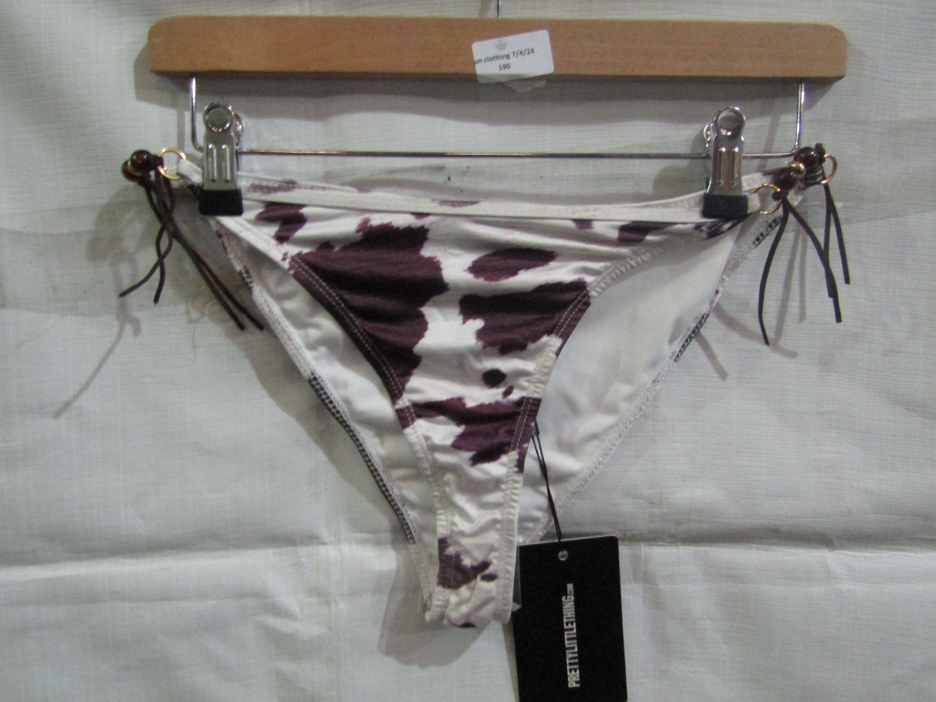 2x Pretty Little Thing Brown Cow Print Beaded Tie Bikini Bottoms - Size 14, New & Packaged.