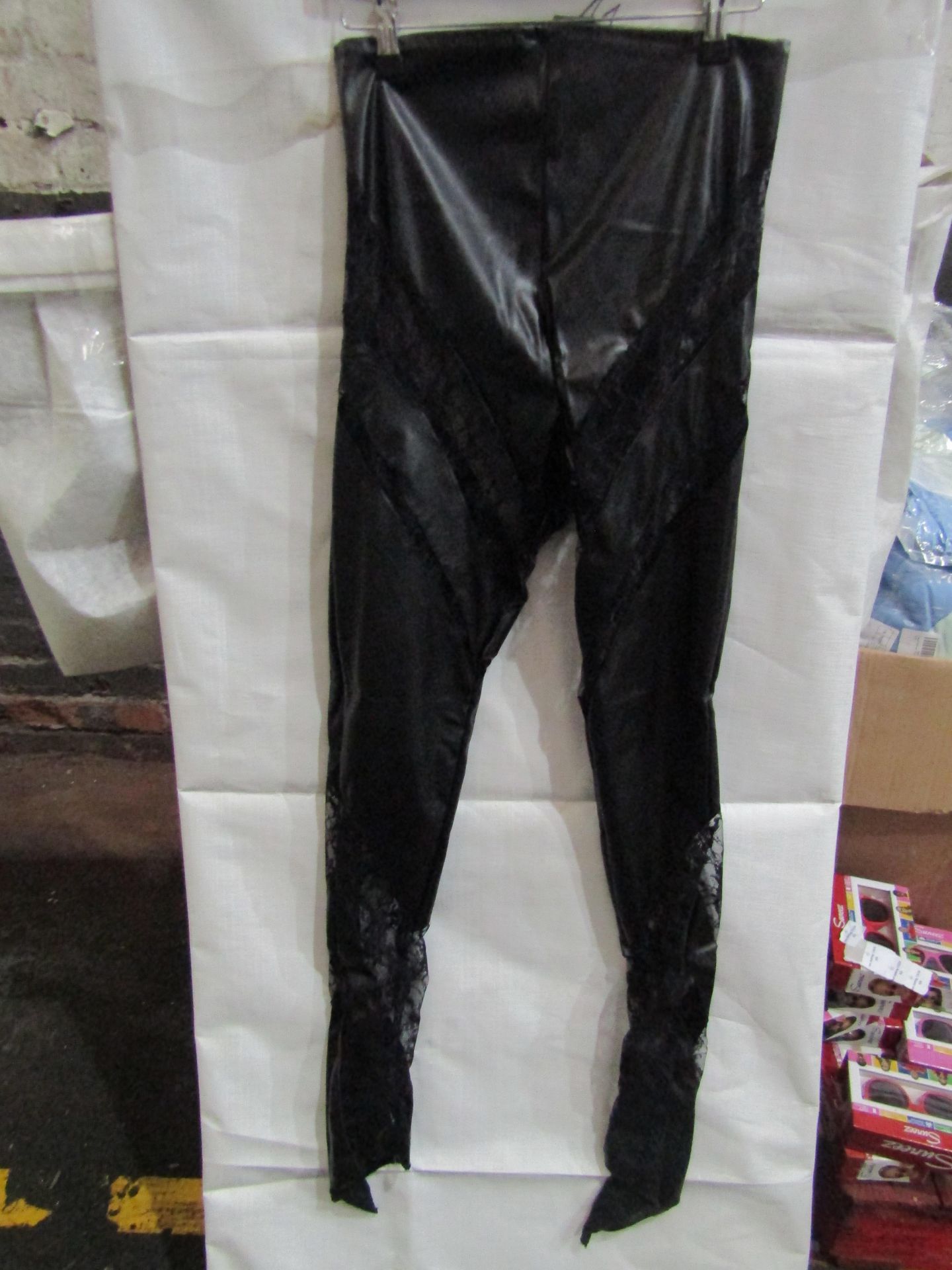 5x Pretty Little Thing Shape Black Faux Leather Lace Insert Leggings, Size 10, New & Packaged.