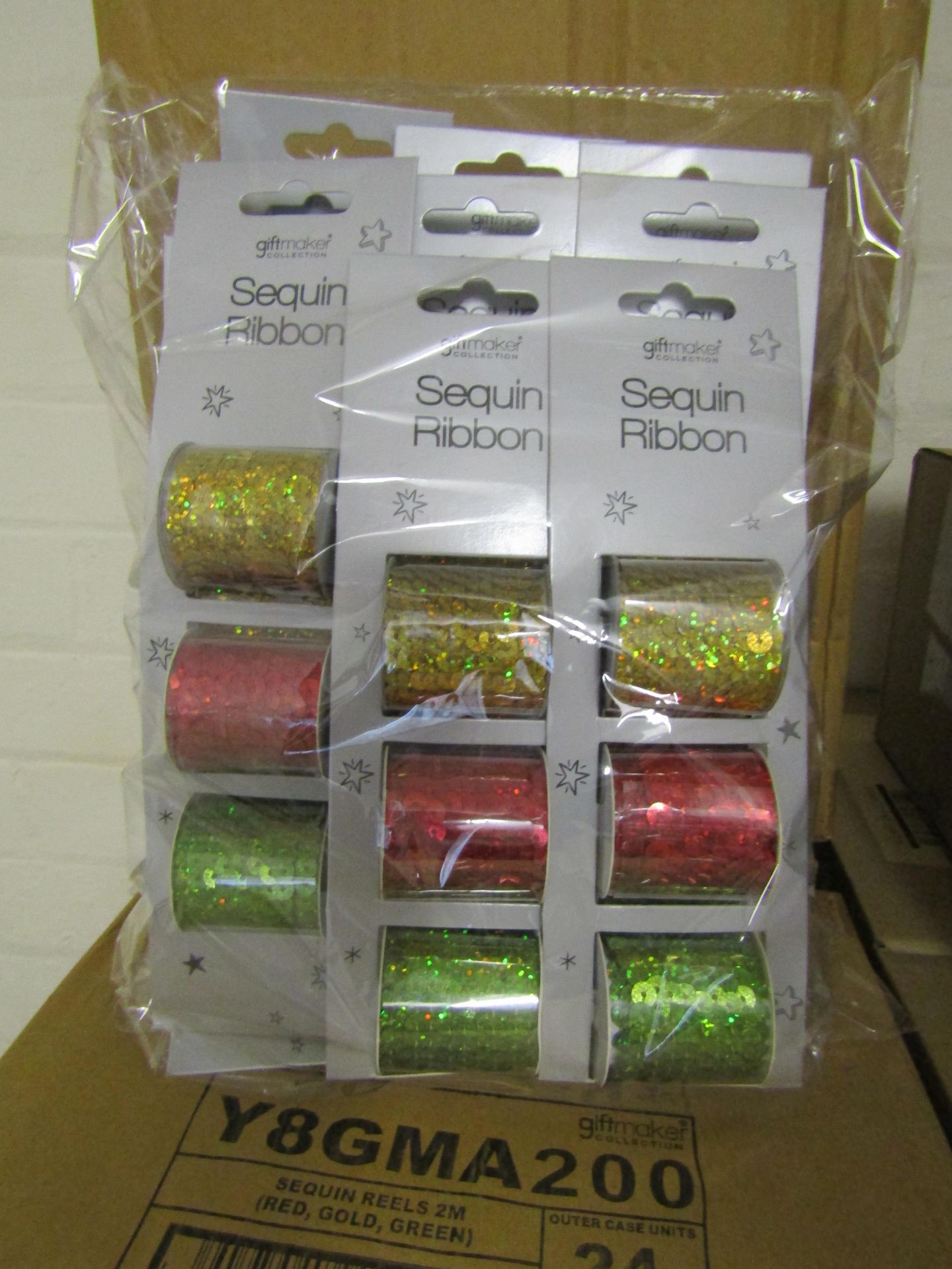 Box Of 24x Giftmaker Sequin Reels,2m, Red, Gold, Green, Unchecked & Packaged.
