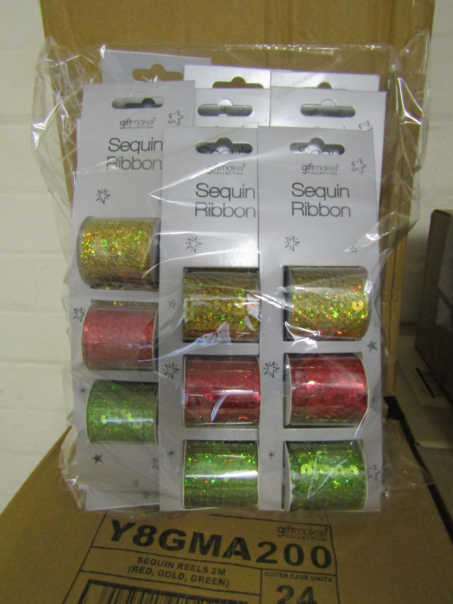 Box Of 24x Giftmaker Sequin Reels,2m, Red, Gold, Green, Unchecked & Packaged.