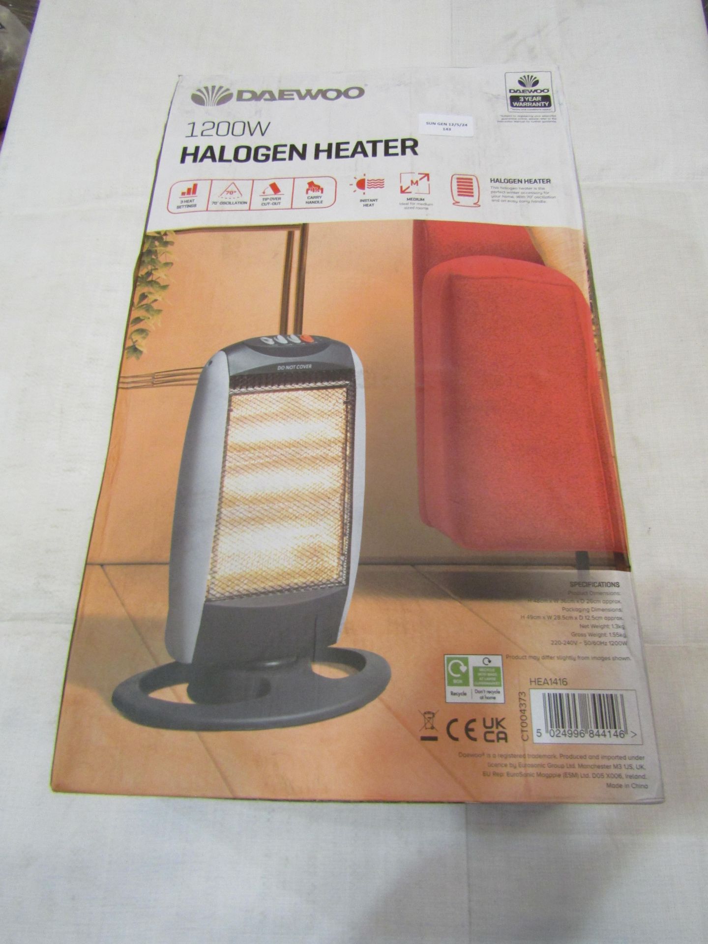 Daewoo 1200w Halogen Heater With 3 Heat Settings - Unchecked & Boxed.