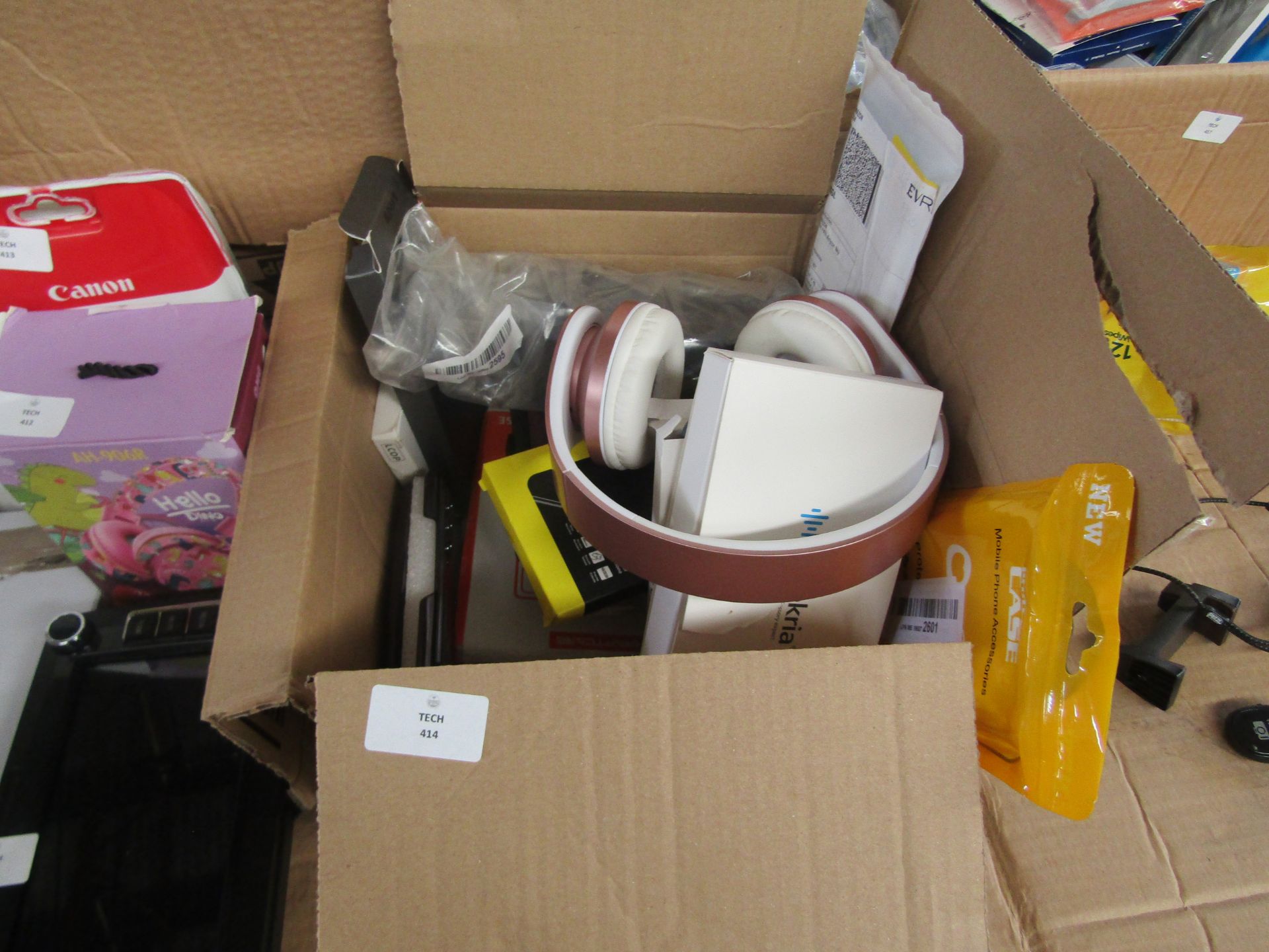 Mixed Box Of Items Including Headphones, Phone Cases, Unchecked & Boxed.