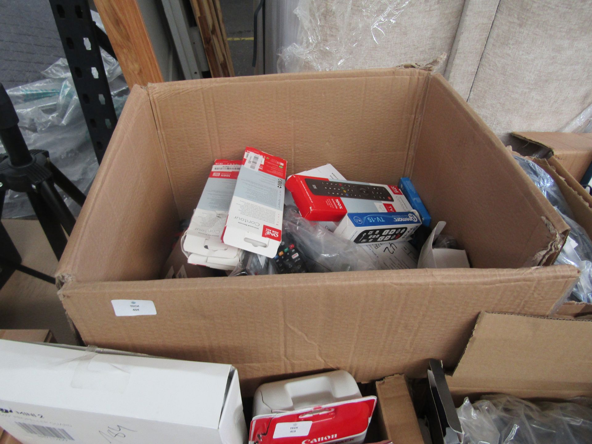 Box Of Mixed Items Including, Universal Remotes, Cables, Tv Antena, Headsets & More, See Image For