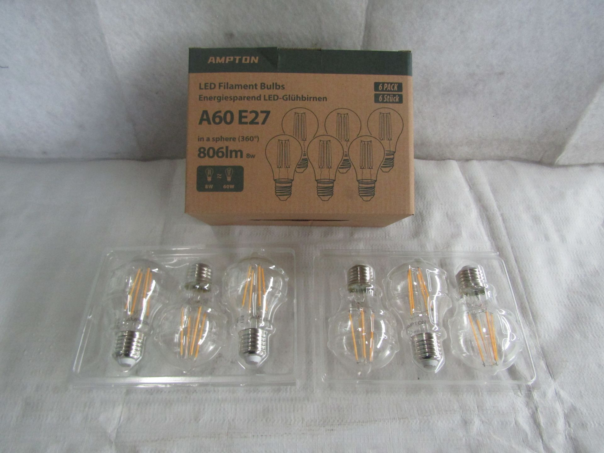 AMPTON - Set of 6 A60 E27 806 Lumen LED Filament Bulbs - New & Boxed.