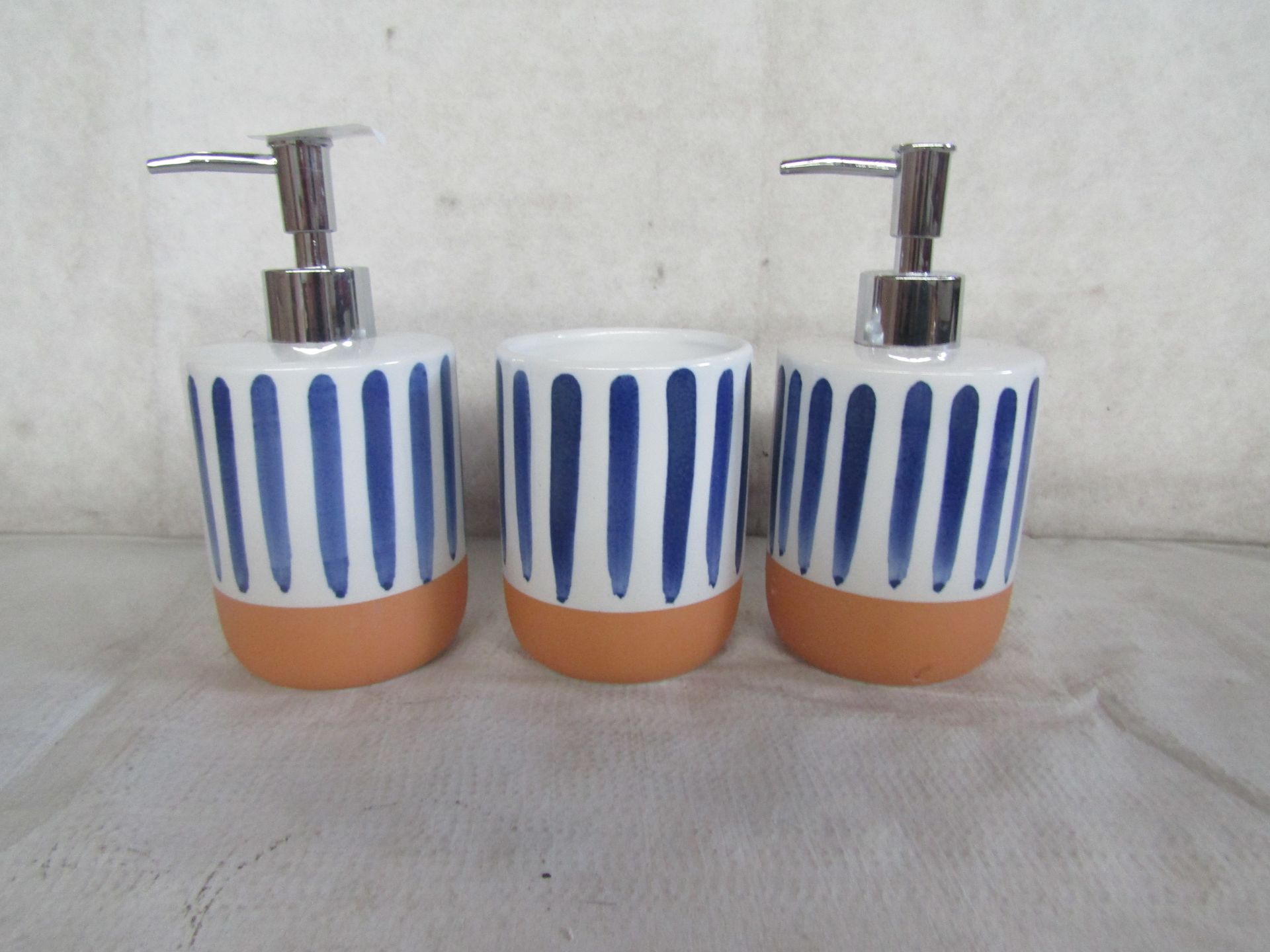 2X Sass & Belle - Paros Blue Stripe Ceramic Soap Dispensers - Good Condition. 1X Sass & Belle -