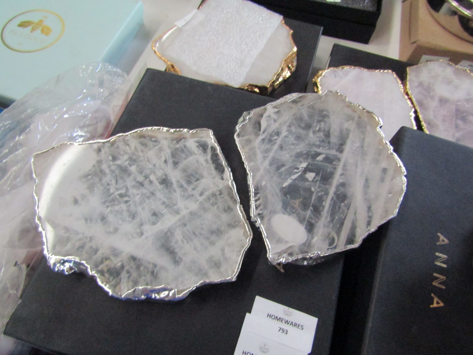 Anna Ny By Rablabs Pair Of Agate Gemstone Coasters Approx. D17cm Kivita Crystal And Silver RRP