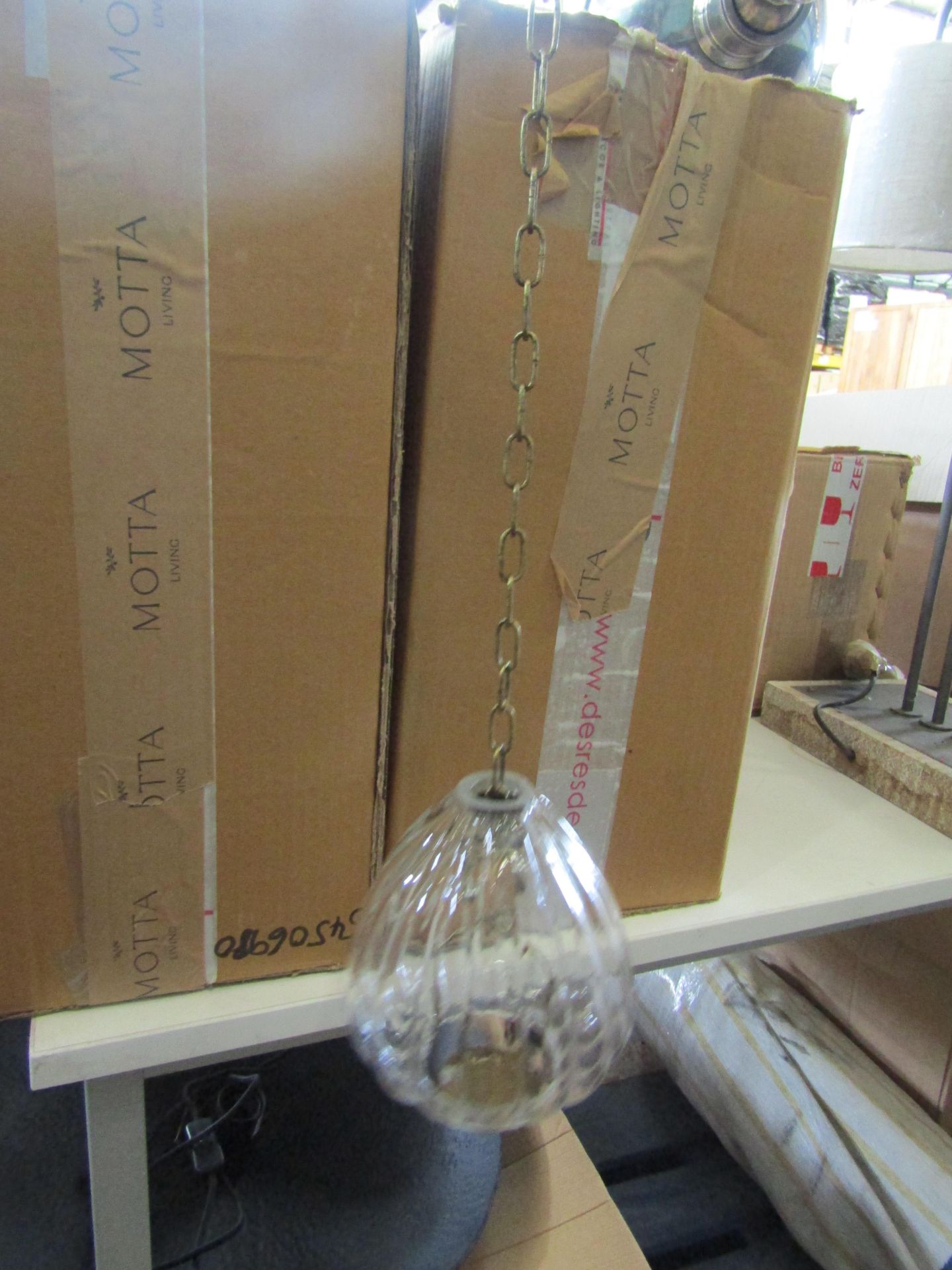 Hanging Glass Lantern W12 x D 12 x H49cm (includes chain) - New & Boxed. (342)