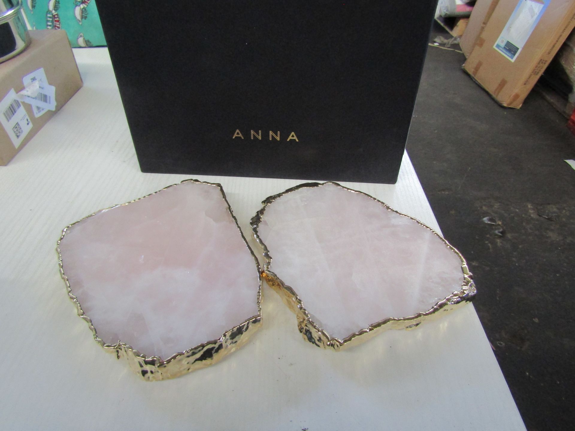 Anna Ny By Rablabs Pair Of Agate Gemstone Coasters Approx. D11.5cm Kivita Rose Quartz And Gold RRP - Image 2 of 2