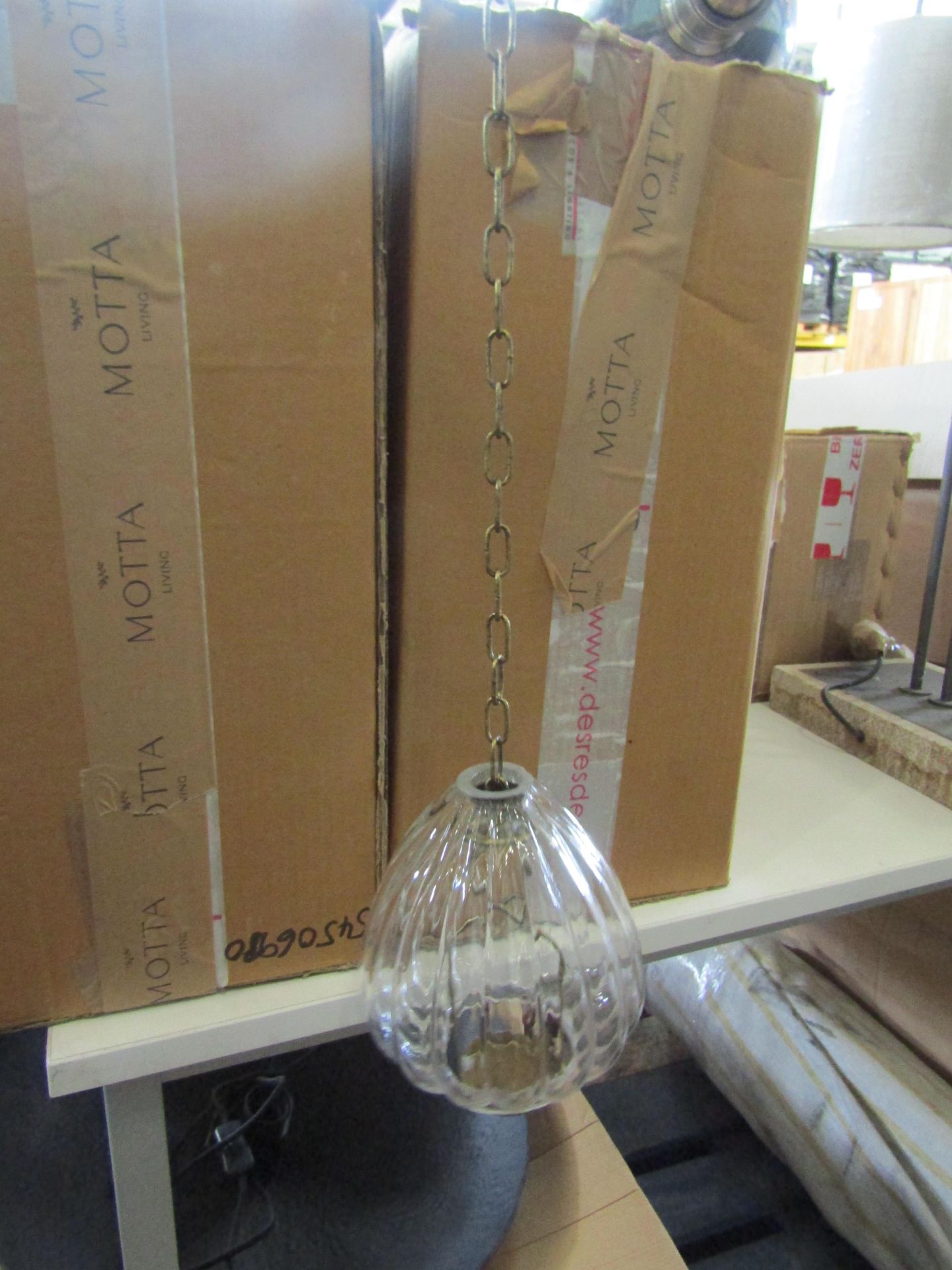 Hanging Glass Lantern W12 x D 12 x H49cm (includes chain) - New & Boxed. (342)