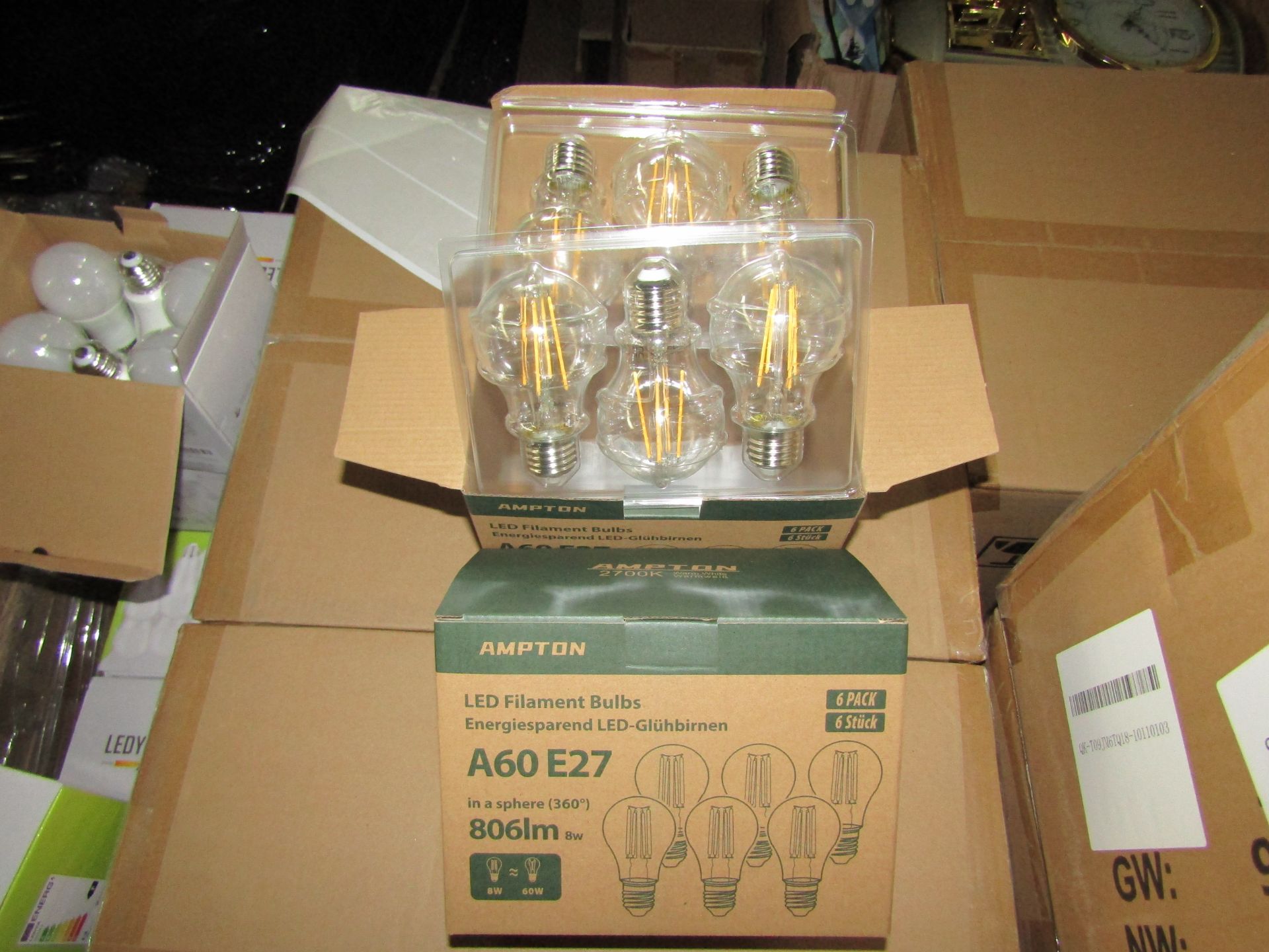 2X AMPTON - A60 E27 806 Lumen LED Filament Light Bulbs - Pack of 6 - New & Boxed.