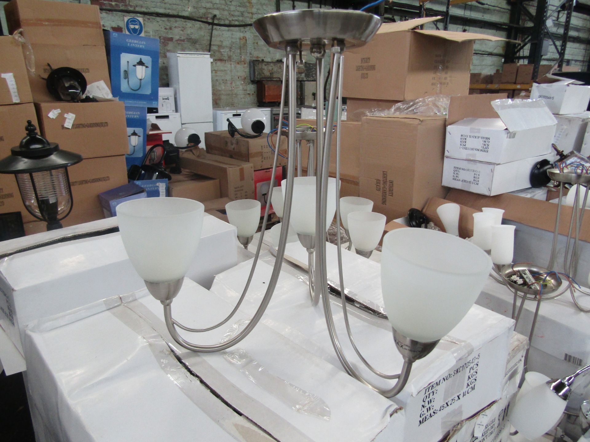 Satin Nickel 3 Arm Pendant light fitting with frosted glass shades. H38cm x W40cm (boxes maybe