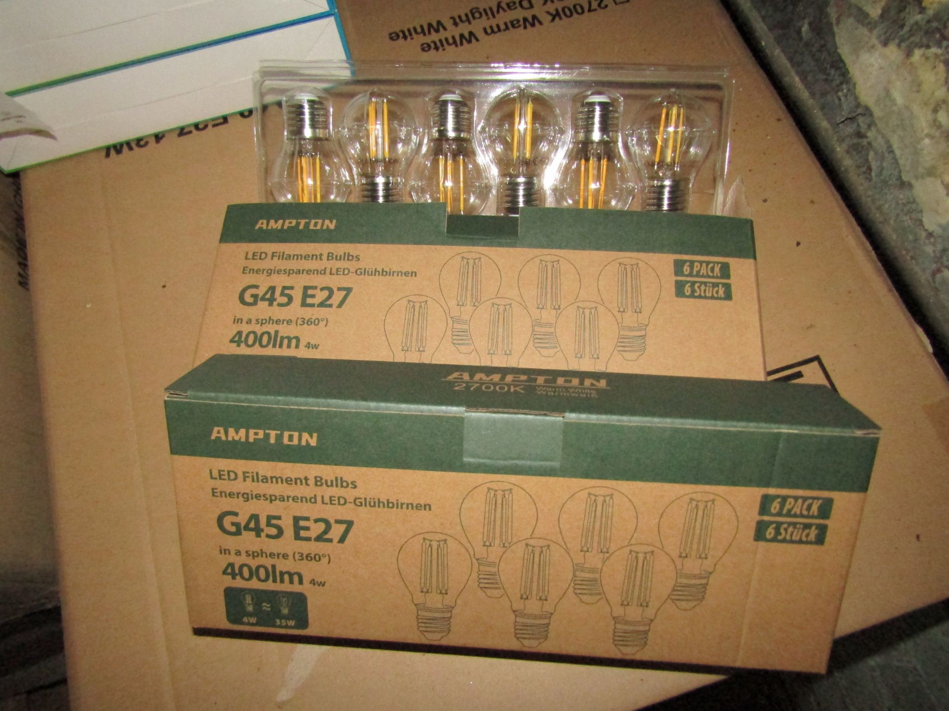 2X AMPTON - G45 E27 400 Lumen LED Filament Light Bulbs - Pack of 6 - New & Boxed.