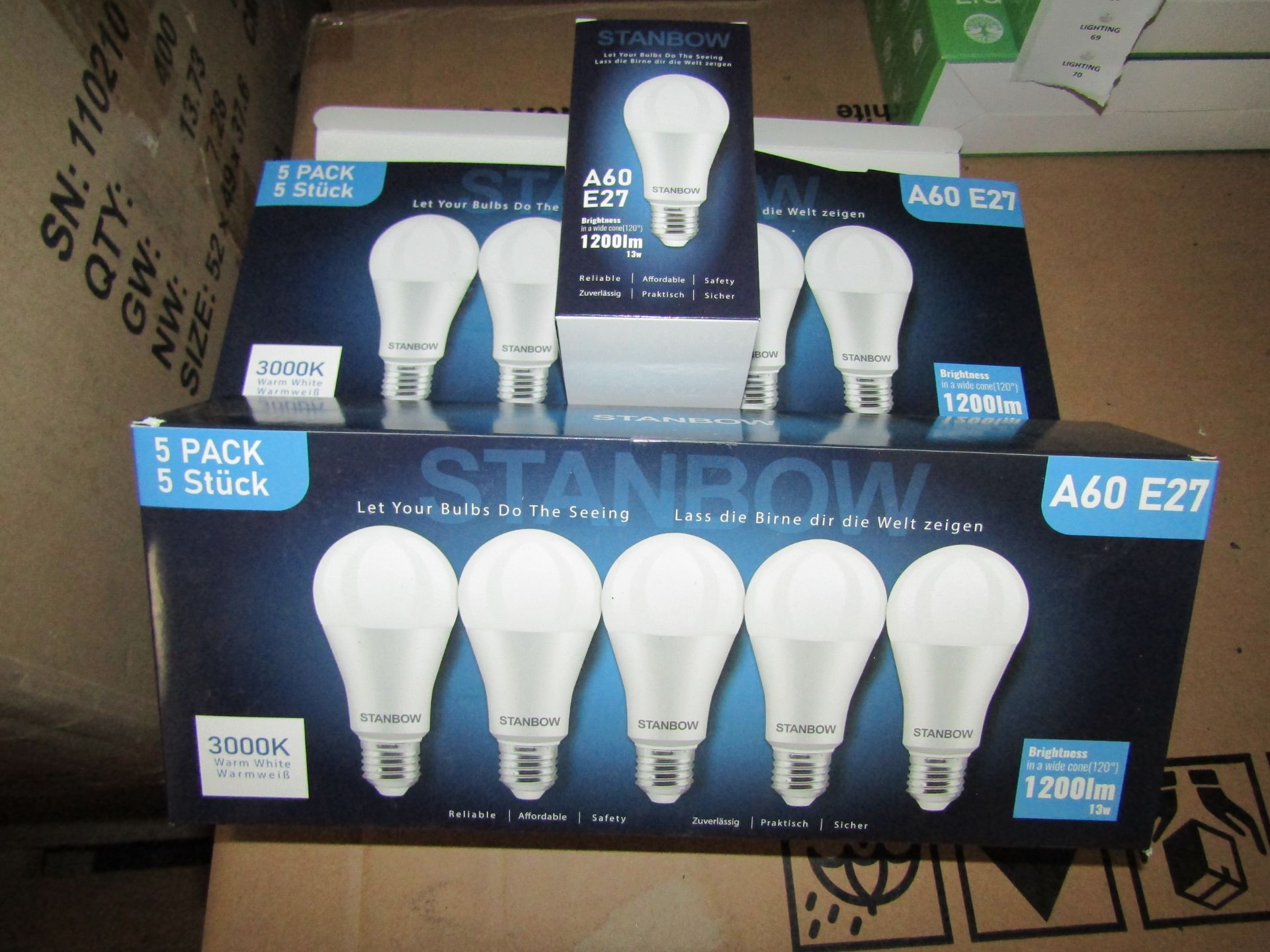 2X STANBOW - A60 E27 1200 Lumen LED Light Bulbs - Pack of 5 - New & Boxed.