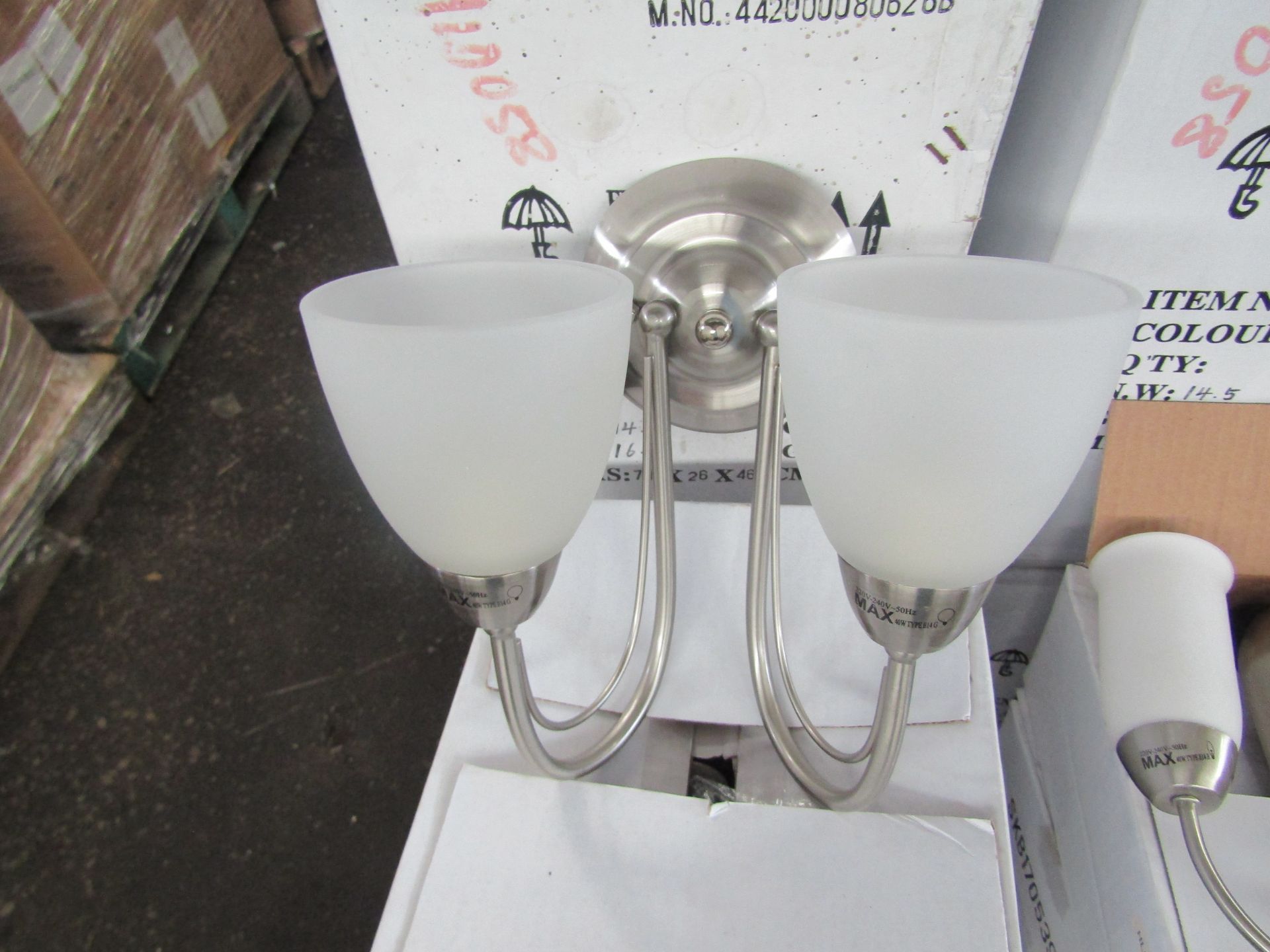 Satin Nickel 2 Arm Wall light fitting with frosted glass shades. H26cm x W24cm (boxes maybe shop