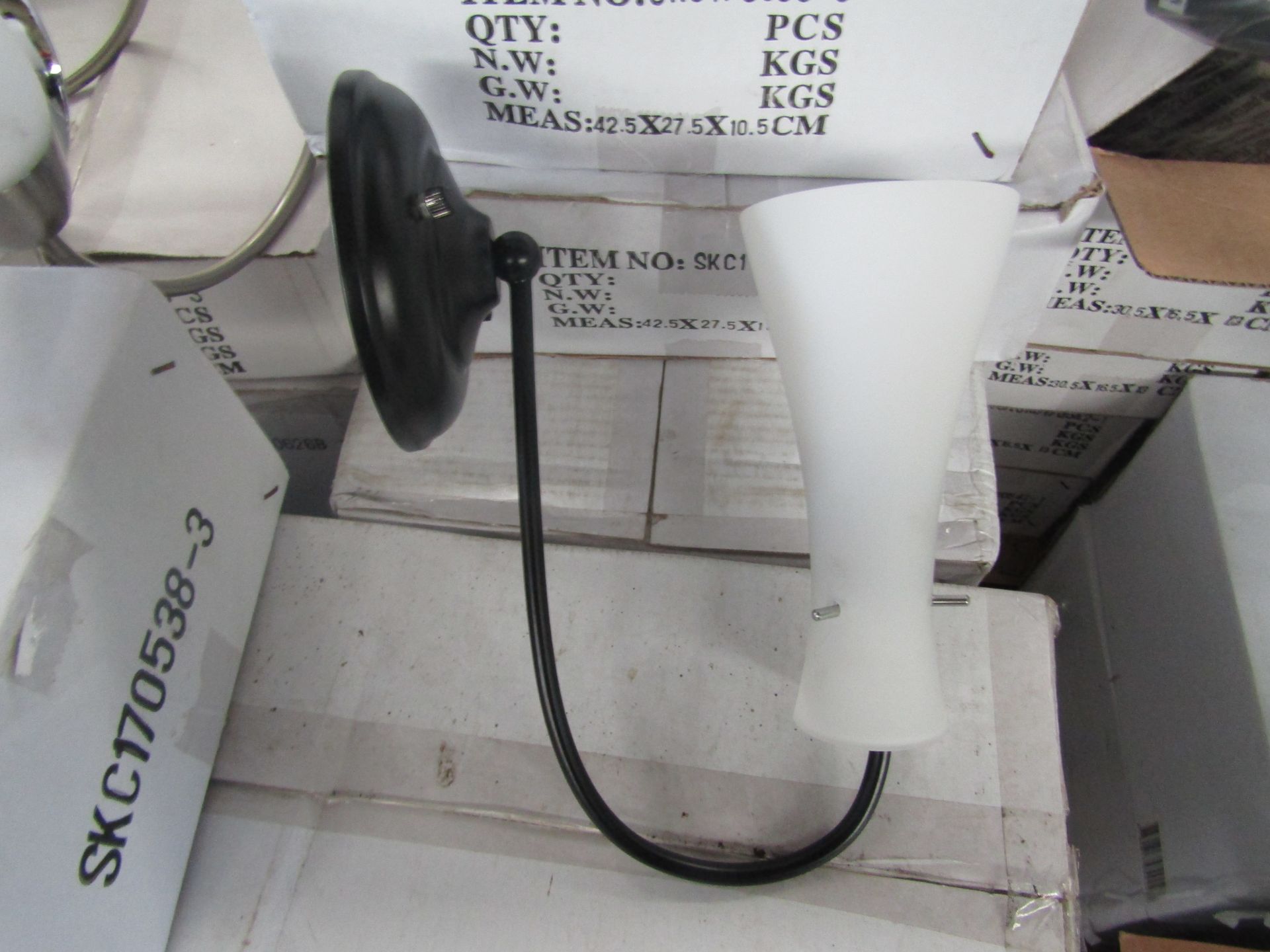 Black 1 Arm Wall Light Fitting with frosted glass shade. H28cm x W8cm. New & Boxed. (box maybe