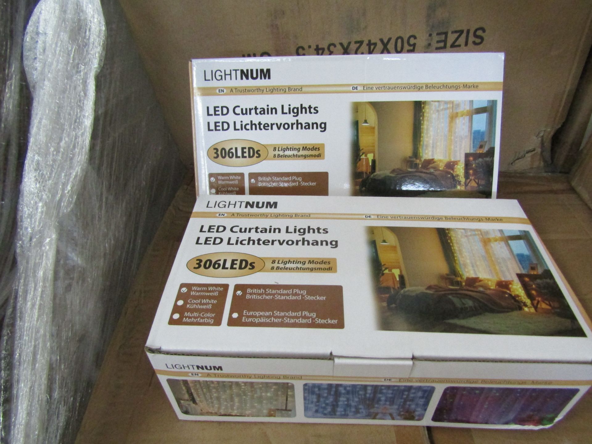 10X LIGHTNUM - 306 LED Curtain Lights / Warm White / 8 Lighting Modes / 3M x 3M - Boxed.