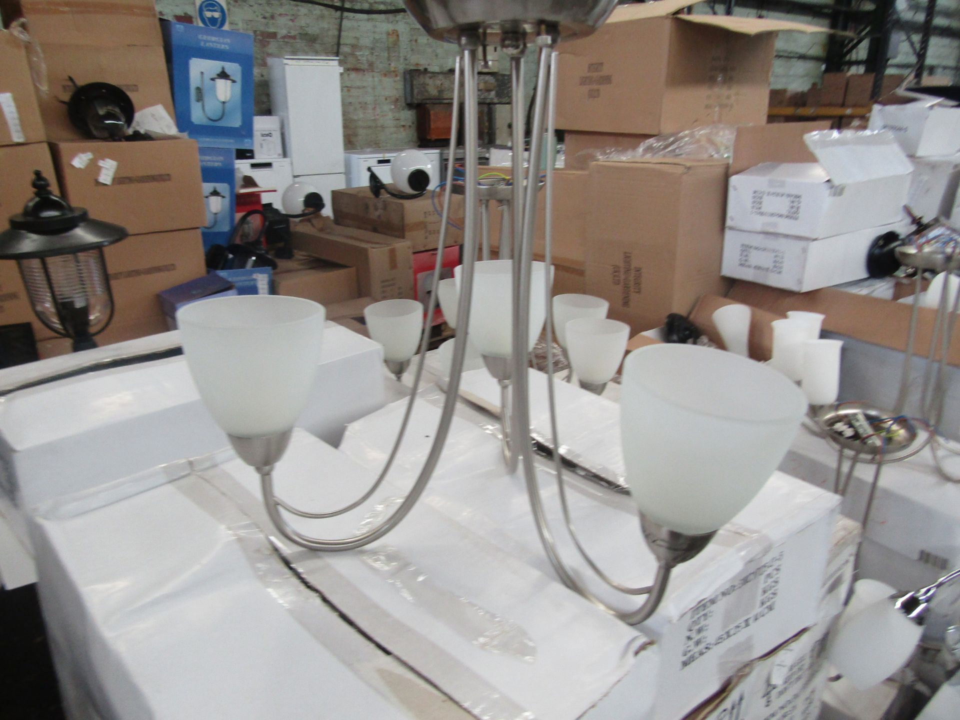 Satin Nickel 3 Arm Pendant light fitting with frosted glass shades. H38cm x W40cm (boxes maybe