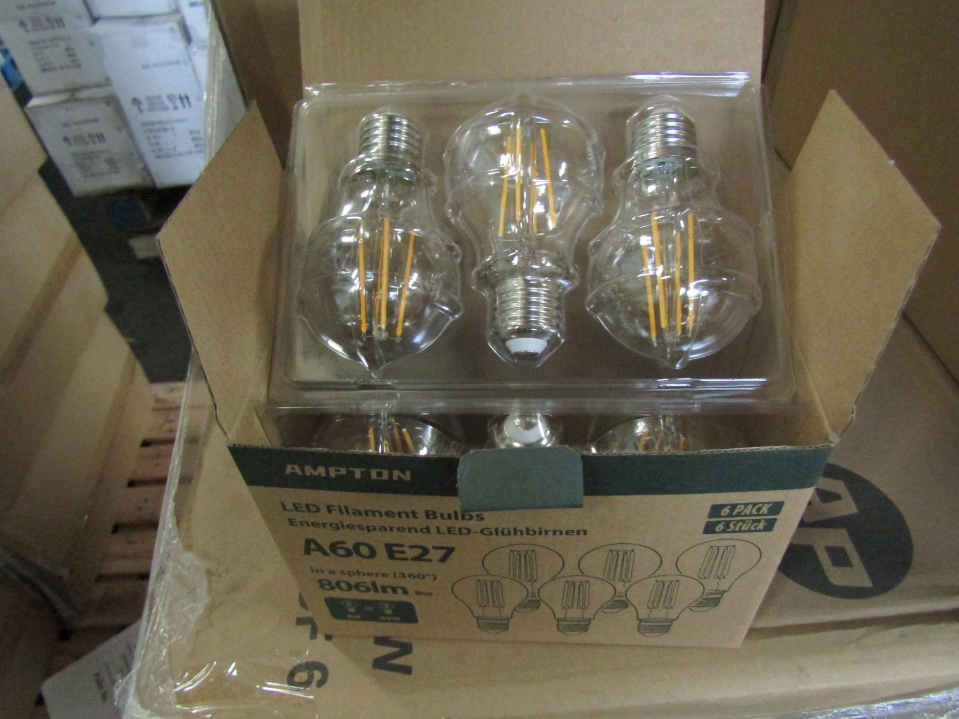 10X AMPTON - A60 E27 806 Lumen LED Filament Light Bulbs - Pack of 6 - New & Boxed.