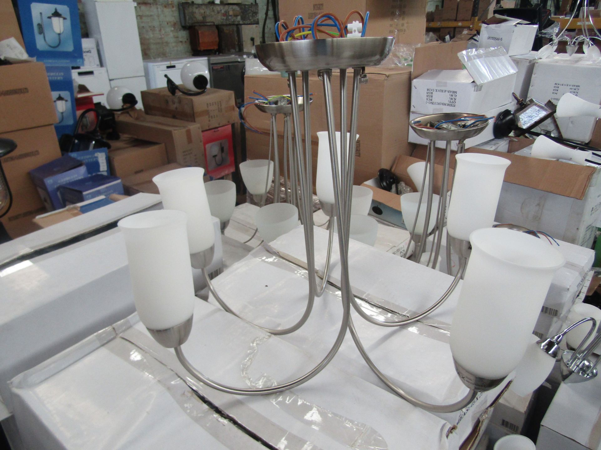 Satin Nickel 5 Arm Pendant light fitting with frosted glass shades. H40cm x W45cm (boxes maybe