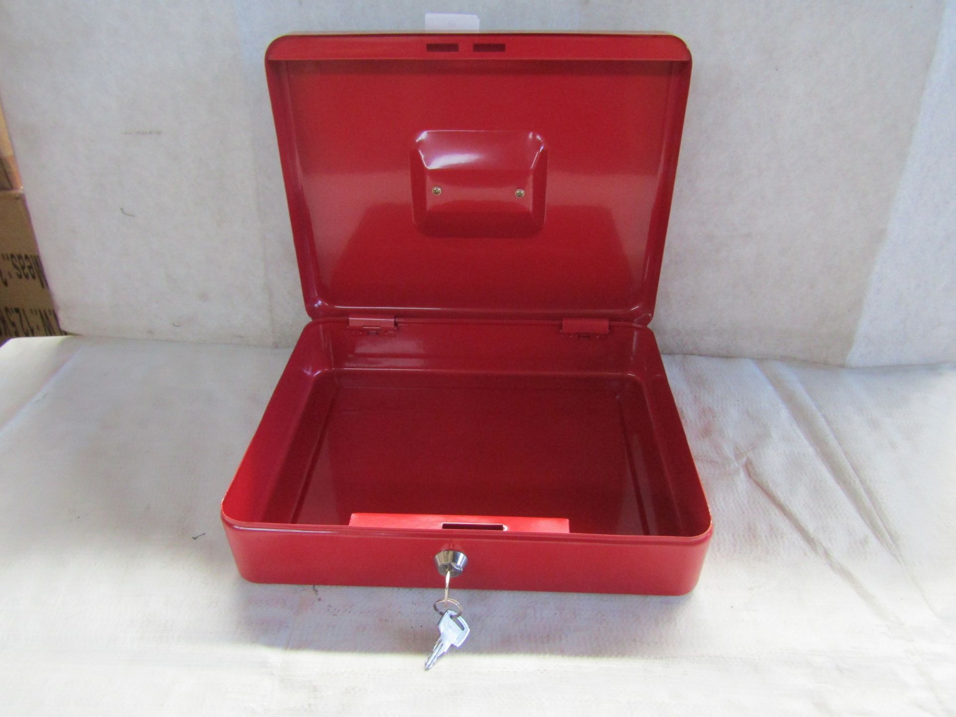 Large Metal Lockable Red Money Tin - Good Condition.