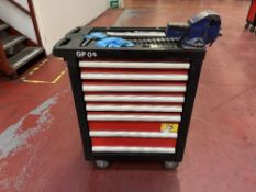 Mobile 8 drawer tool cabinets with contents and fitted vice