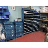 (6) steel drawer units and (3) steel racks with contents of fixings
