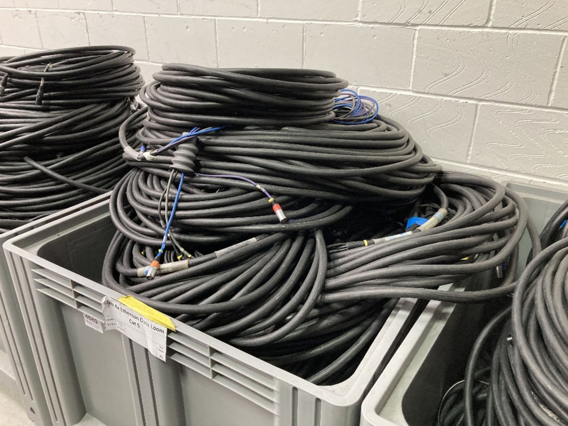 Large Quantity Of Various Sized Audio Visual Cables With Plastic Container