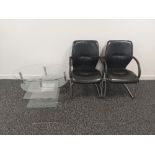 (2) Steel Framed Counter leaver Office Chairs & (2) Glass Coffee Tables