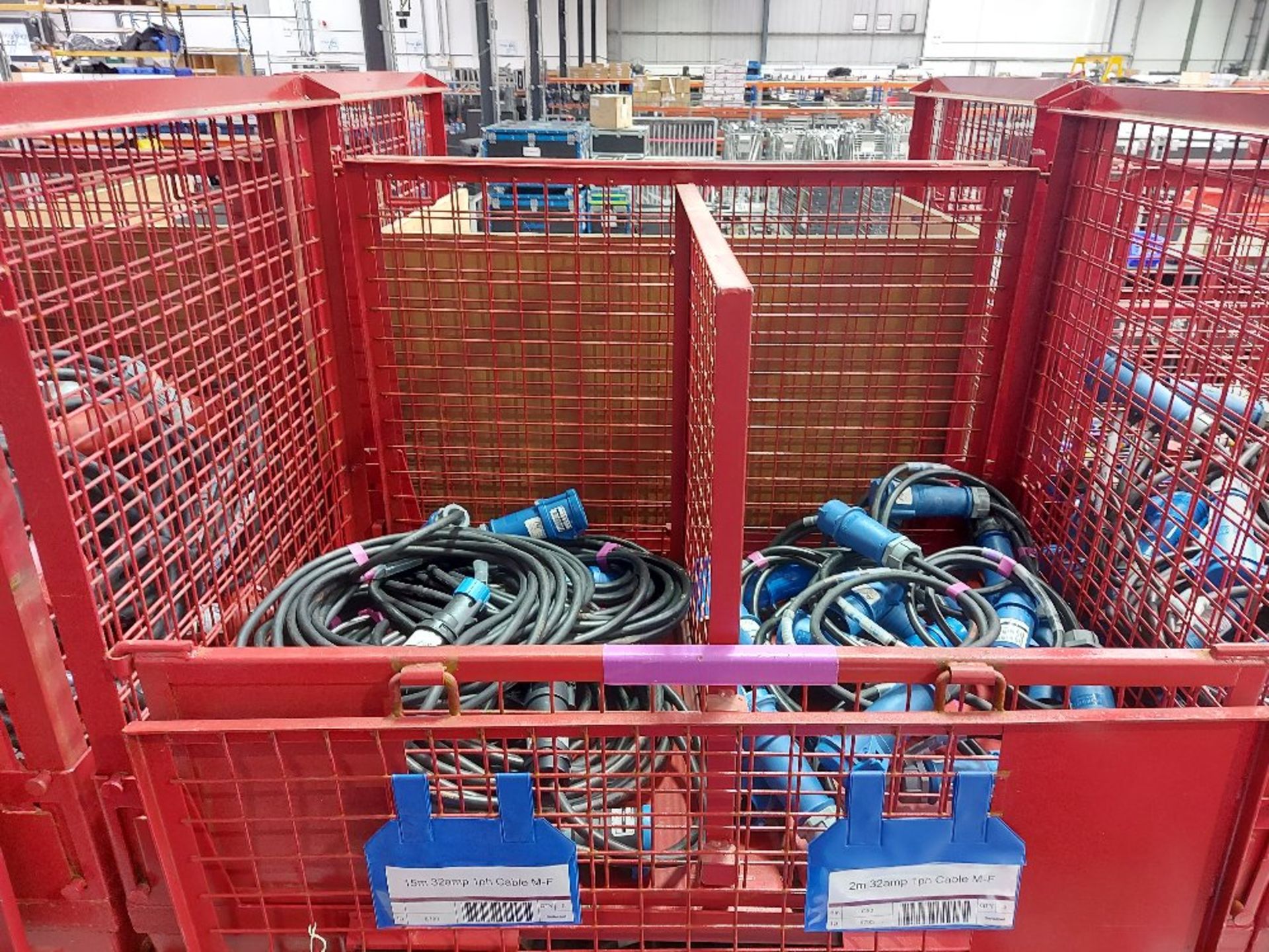 Large Quantity of 15m 32amp 1ph Cable M-F & 2m 32amp 1ph Cable M-F Steel Fabricated Stillage