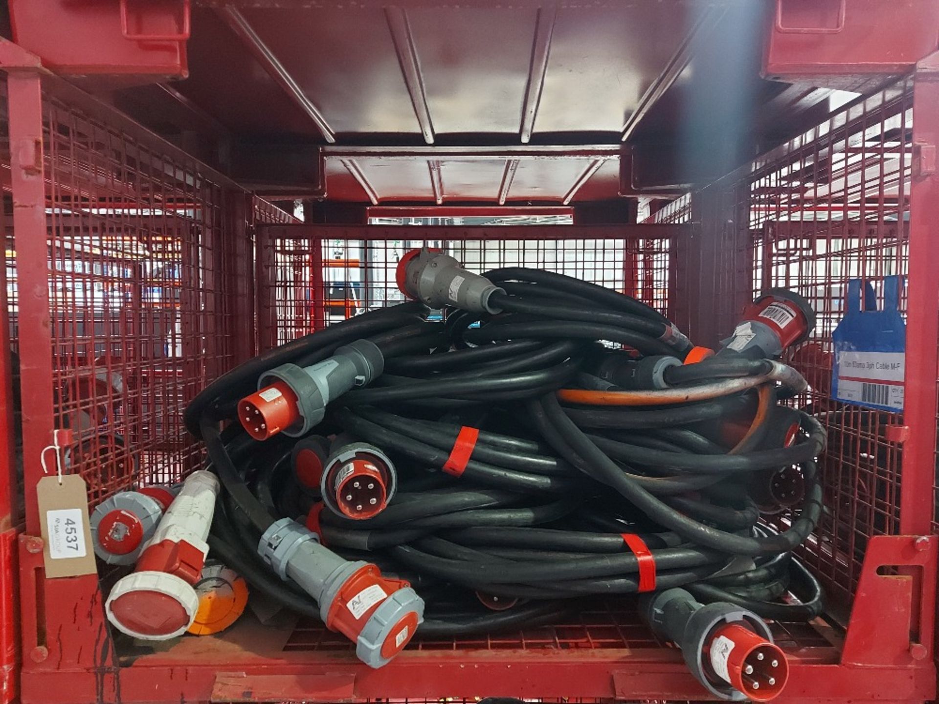 Large Quantity of 10m 63amp 3ph Cable M-F with Fabricated Steel Stillage