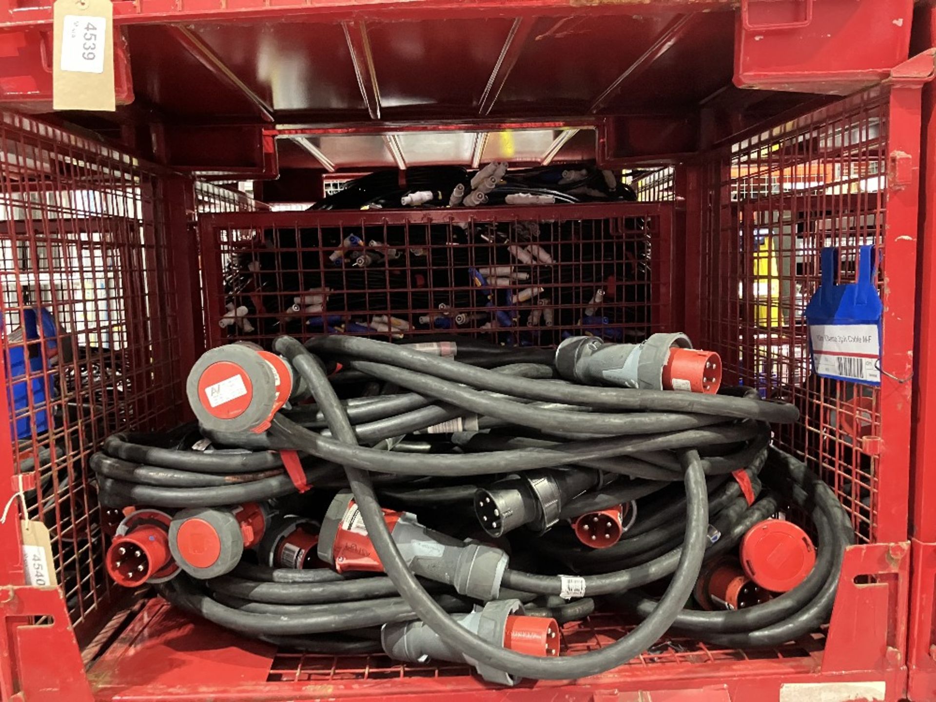 Large Quantity of 10m 63amp 3 ph Cable M-F with Fabricated Steel Stillage