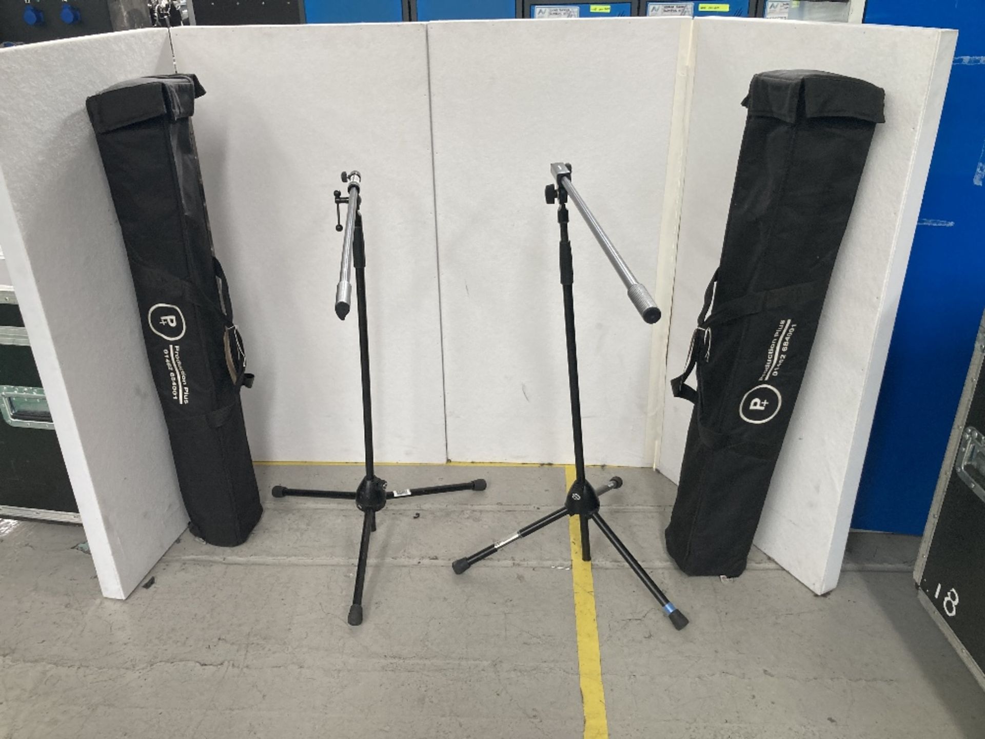 (8) K&M Tall Boom Black Microphone Stands & (2) Padded Carry Case