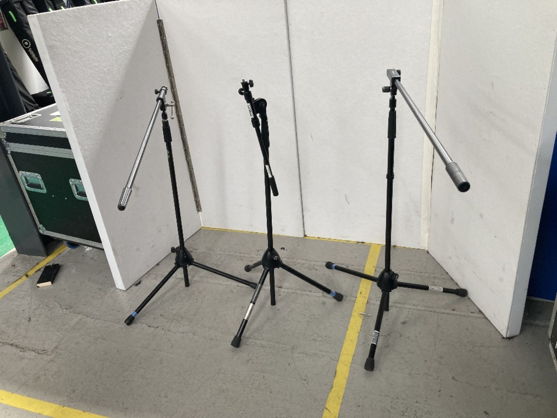 (3) K&M Tall Boom Black Microphone Stands & Padded Carry Case