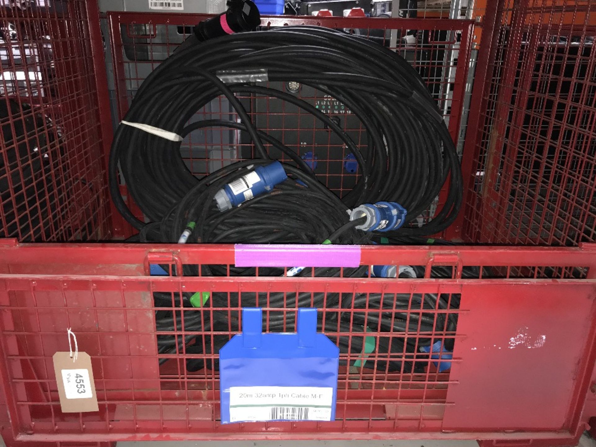 Large Quantity of 20m 32amp 1ph Cable M-F with Steel Fabricated Stillage