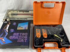Topcom walkie talkie set; together with a retro gaming mat, Tasco 150 power telescope