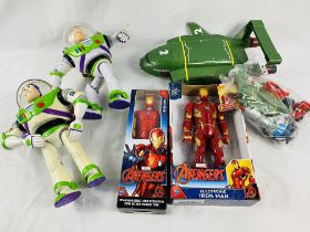 Thunderbirds II model, two Buzz Lightyear toys, Marvel electronic Ironman and Marvel Avengers figure