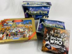Two editions of Atmosfear dvd board games; Dr Who DVD board game; three boxed Christmas puzzles.