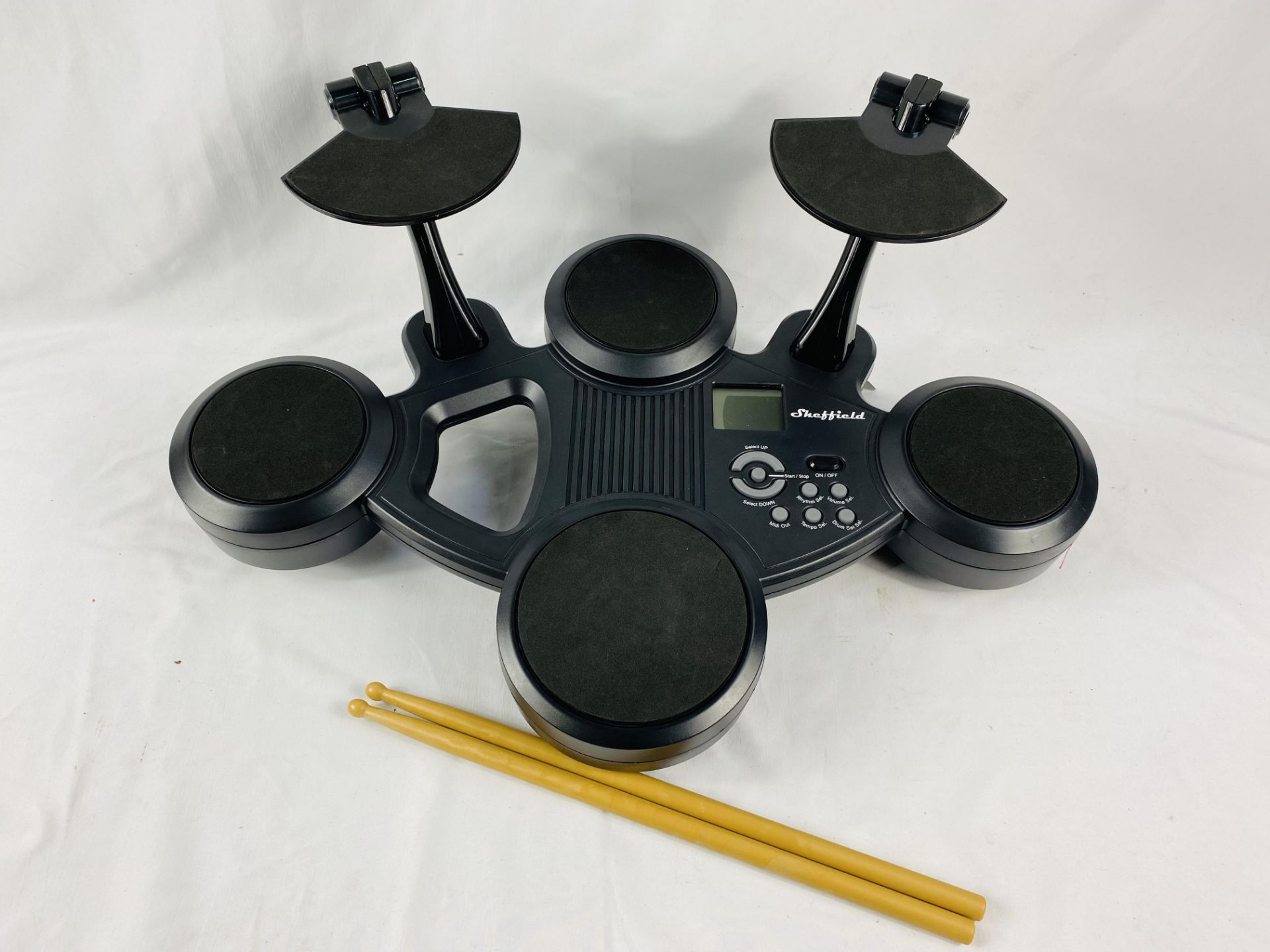 Sheffield electric drum pads with power lead and drumsticks