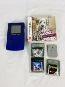 Nintendo Gameboy colour with three games, and a playstation memory card
