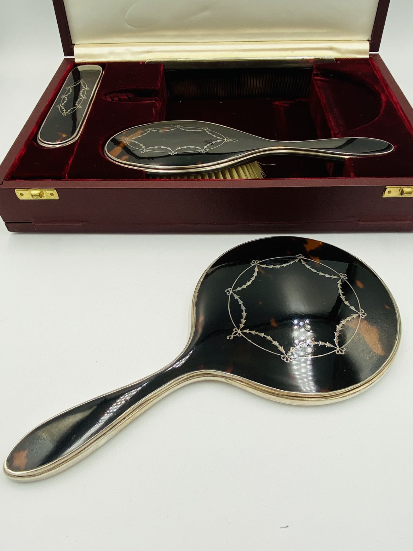 Four piece silver and tortoiseshell dressing table set retailed by Asprey - Image 2 of 4