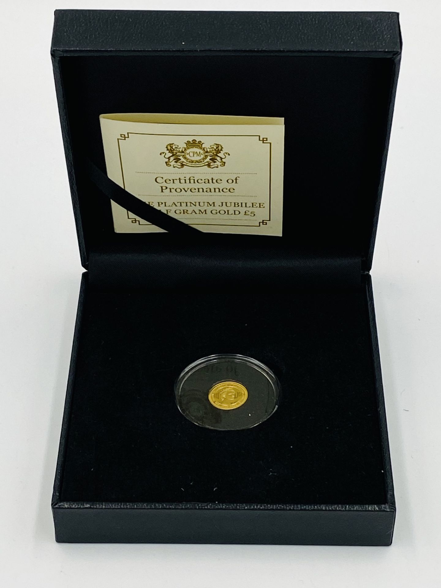 Platinum Jubilee half gram gold £5 coin, in box with Certificate of Authenticity.