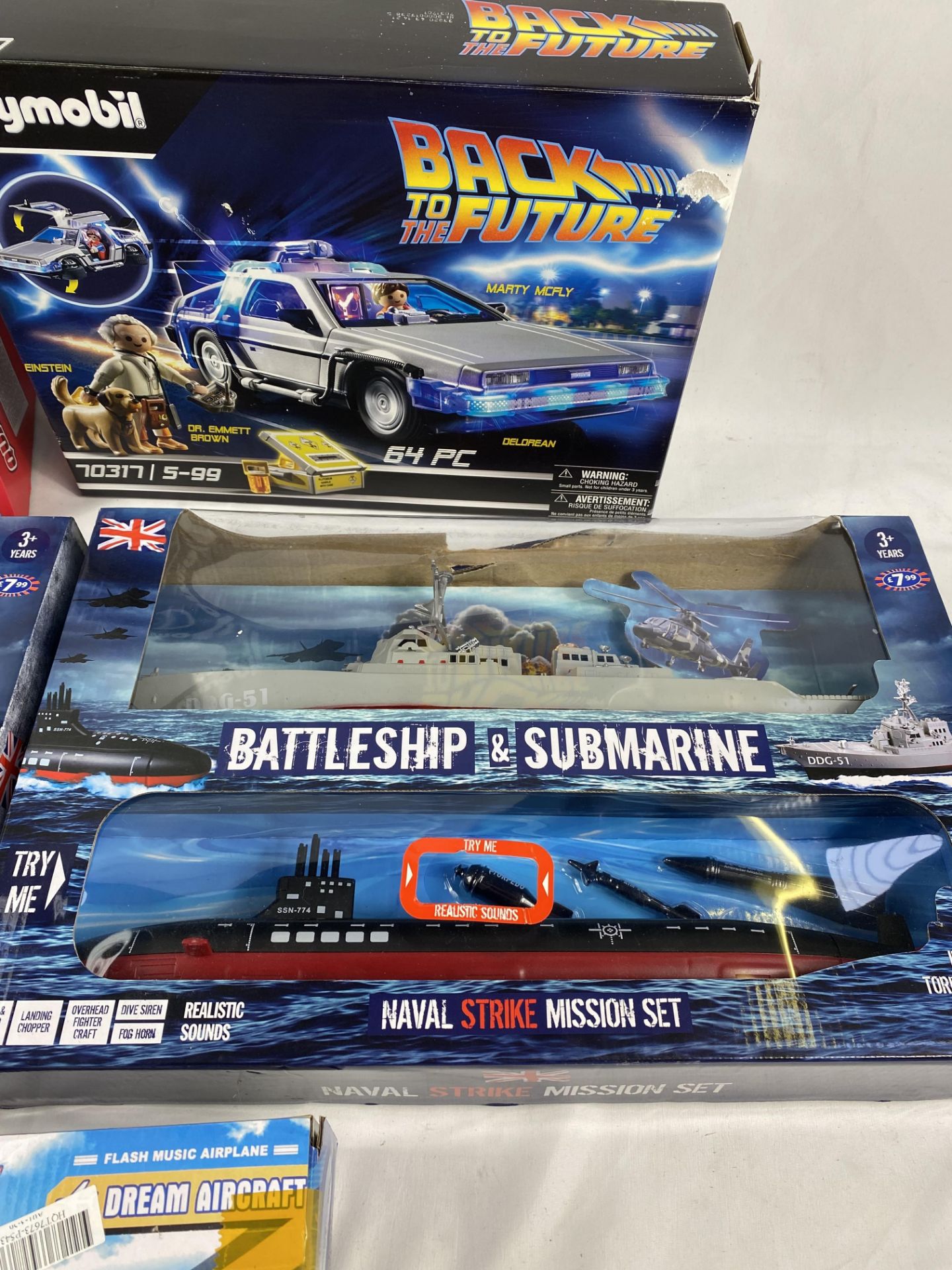 Two Battleship & Submarine Naval Strike Mission sets; Playmobil Back to the Future, Quad-core drone. - Image 2 of 4