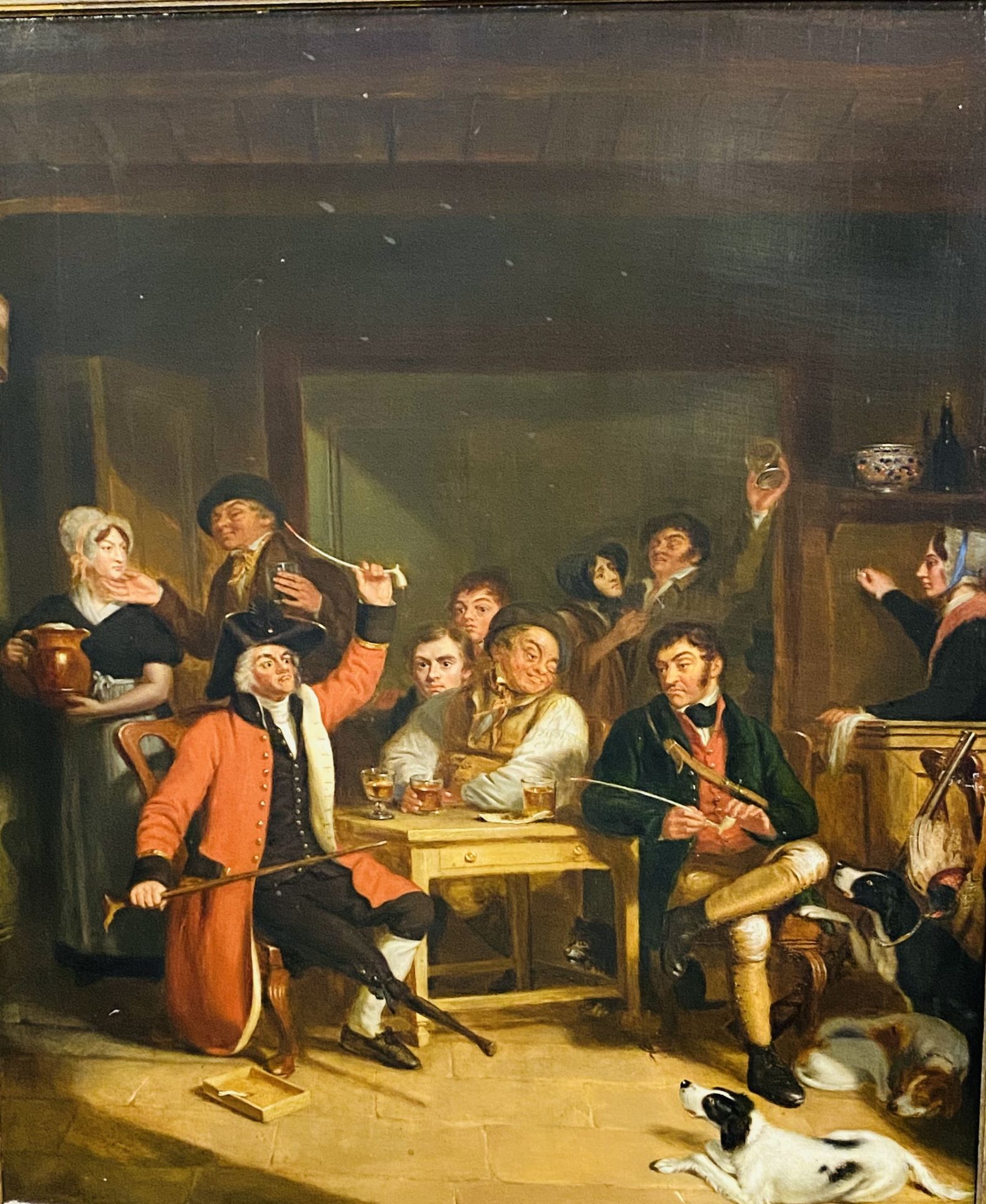 Framed oil on canvas of a tavern scene, unsigned