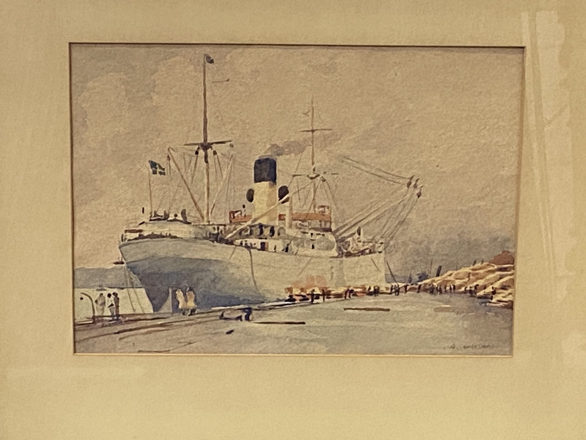 Framed and glazed watercolour of a ship in a dock, signed A Saville Davis - Bild 4 aus 4