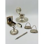 Quantity of silver items to include a capstan inkwell and matchbox holder