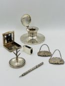 Quantity of silver items to include a capstan inkwell and matchbox holder