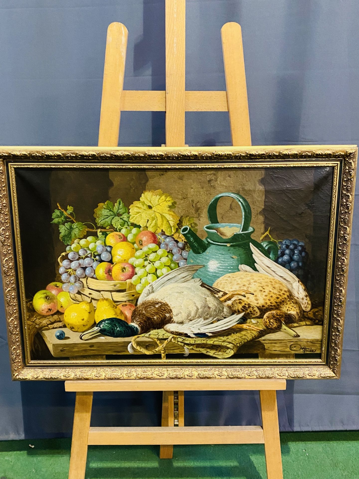 Framed and glazed oil on canvas of still life fruit and game, signed by artist - Image 2 of 4