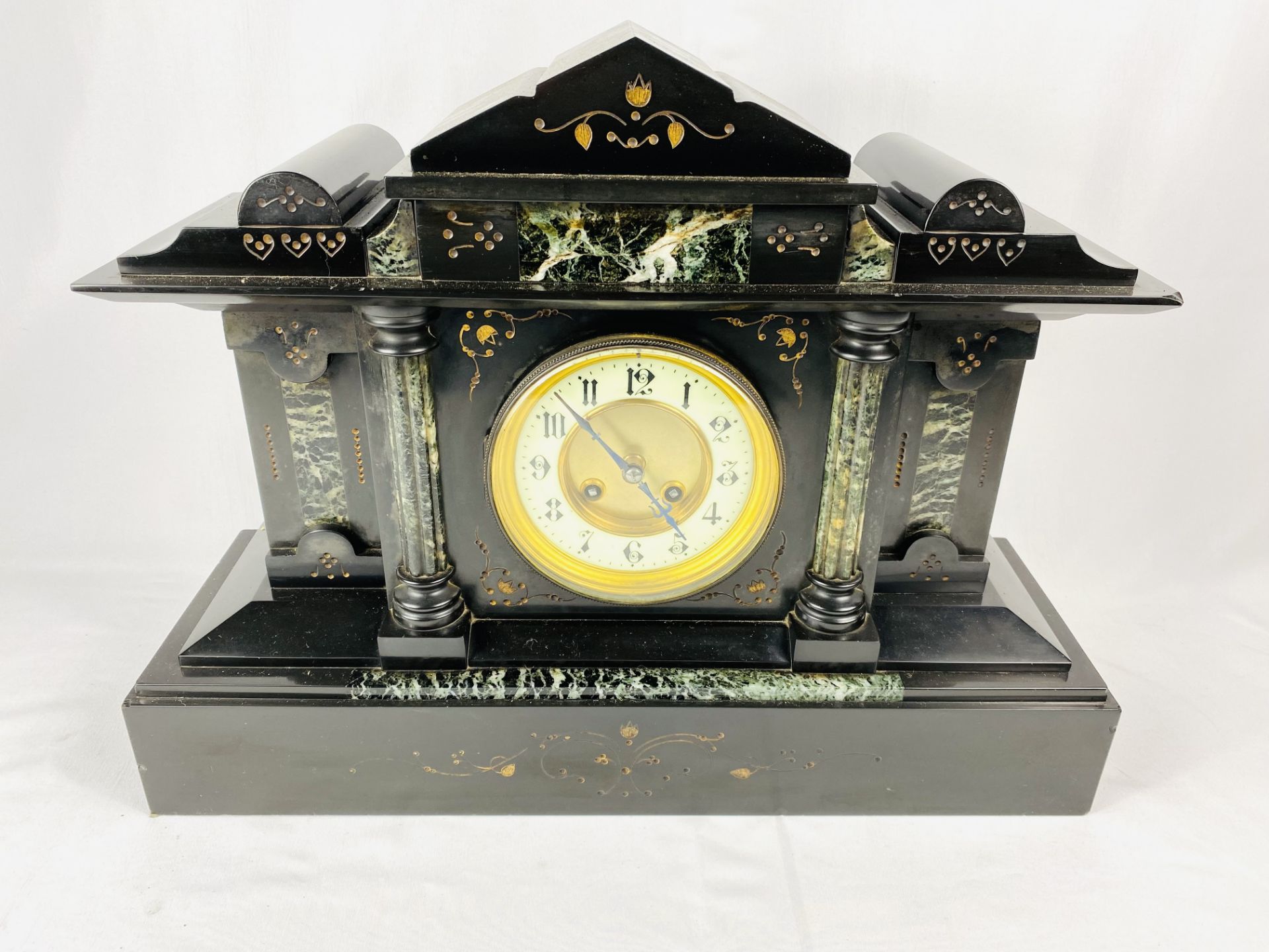 Slate cased mantel clock together with a mahogany mantel clock
